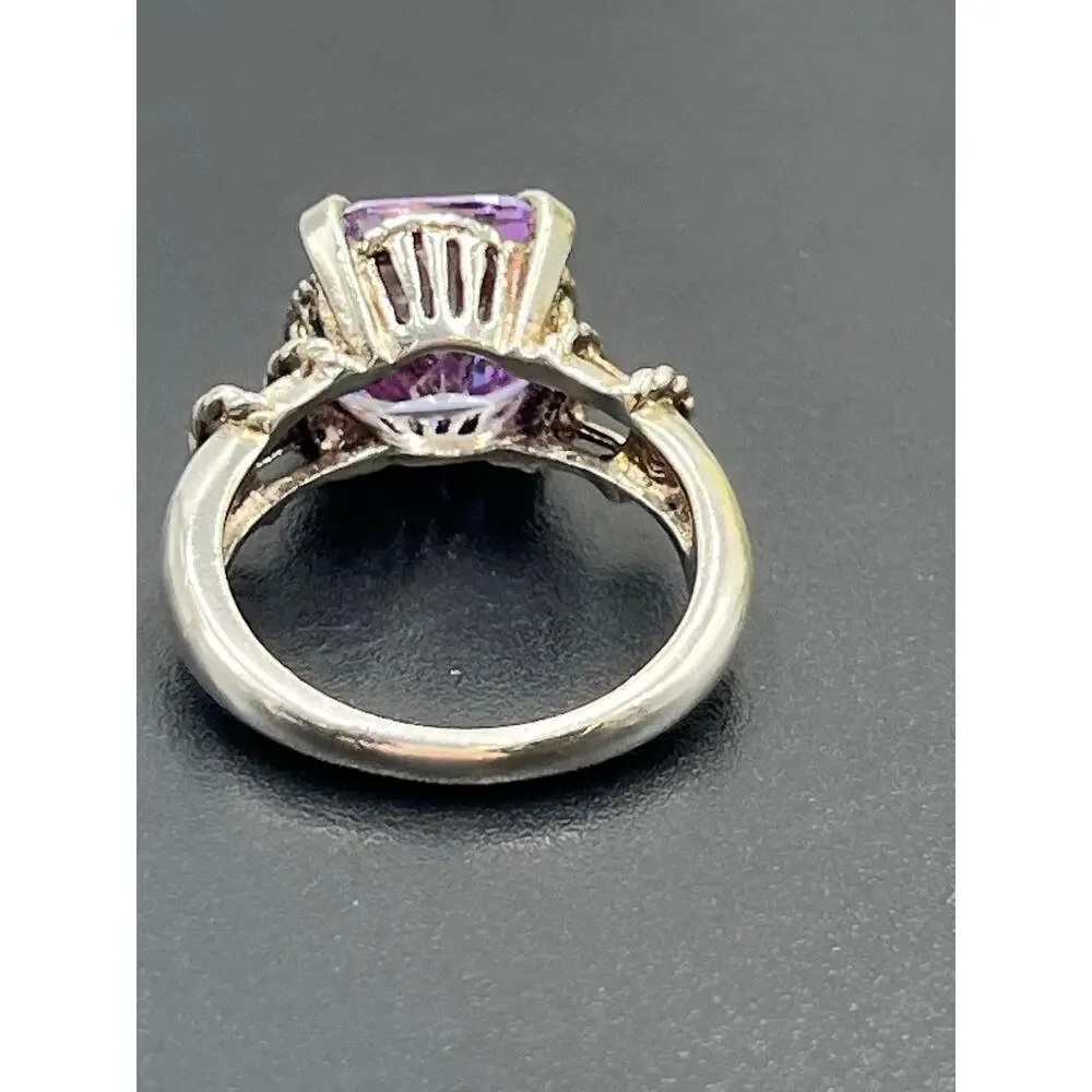 Designer 925 Sterling Silver Large Rectangle Cut‎ Purple Blue Prong CZ Ring Sz 9